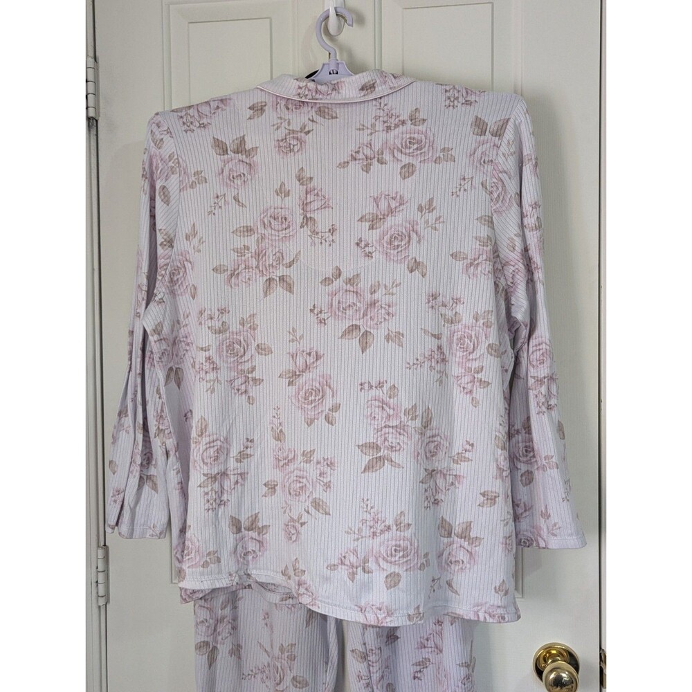 Laura Ashley Pajama Set Top Pants Womens 2X White Pink Floral Stretch Rib Knit - Picture 3 of 8
